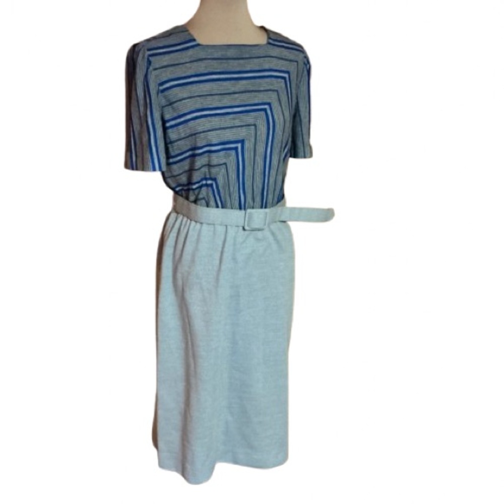 Vtg 60s Striped belted knee length dress